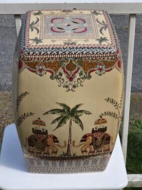 Mid 20th Century Ceramic Garden Stool Tropical Theme with Elephants & Palm Trees